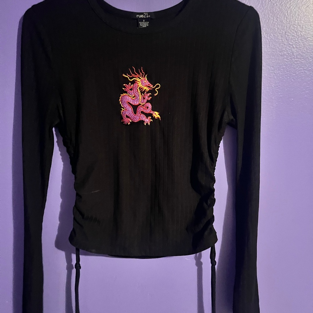Rue21 Black Long Sleeve Tee with Pink Dragon Design
